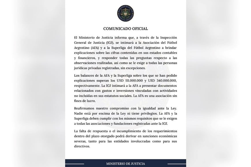 El Gobierno exigió a la AFA rendir cuentas por gastos fuera de sus estatutos.