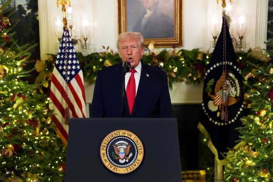 U.S. President Donald Trump delivers an address to the nation from the Diplomatic Reception Room of the White House in Washington, D.C., U.S., December 17, 2025. Doug Mills/Pool via REUTERS