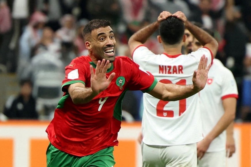 Soccer Football - FIFA Arab Cup - Qatar 2025 - Final - Jordan v Morocco - Lusail Stadium, Lusail, Qatar - December 18, 2025
Morocco's Abderazak Hamdallah celebrates scoring their third goal REUTERS/Mohammed Salem     TPX IMAGES OF THE DAY