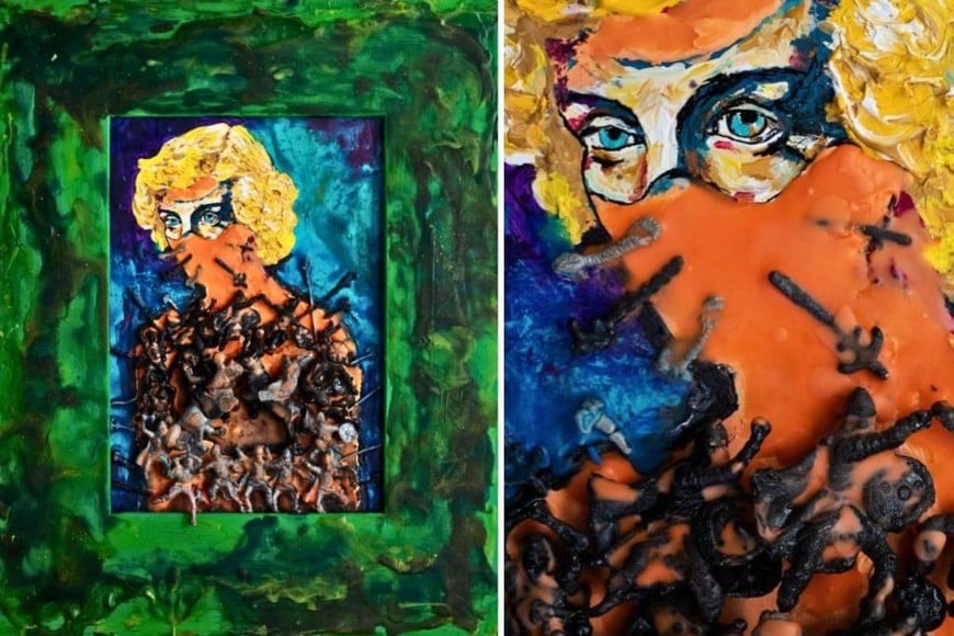 Ileana Gala: “Silencios”, 2025. Técnica mixta: flores secas, lápiz fundido, plástico, óleos, acrílico y materiales transformados; 60 x 45 cm.