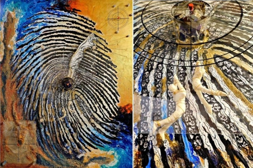 Ileana Gala: “Huellas”, 2025. Técnica mixta, arena, lápiz fundido, plástico, óleos, acrílico y materiales transformados; 165 x 135 cm.