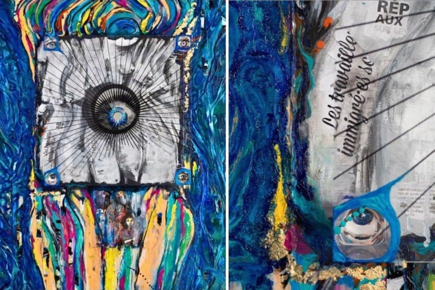 Ileana Gala: “Entrelazos”, 2025. Técnica mixta: plexiglás, lápiz fundido, plástico, silicona, óleos, acrílico y materiales transformados; 120 x 90 cm.