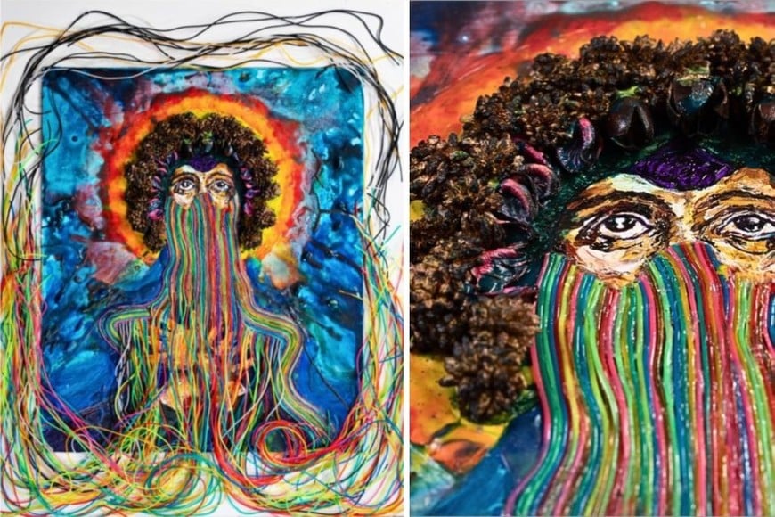 Ileana Gala: “Madre que estás en los cielos”, 2025. Técnica mixta: arena, lápiz fundido, flores secas, materiales orgánicos, plástico, óleos, acrílico y materiales transformados; 60 x 75 cm.