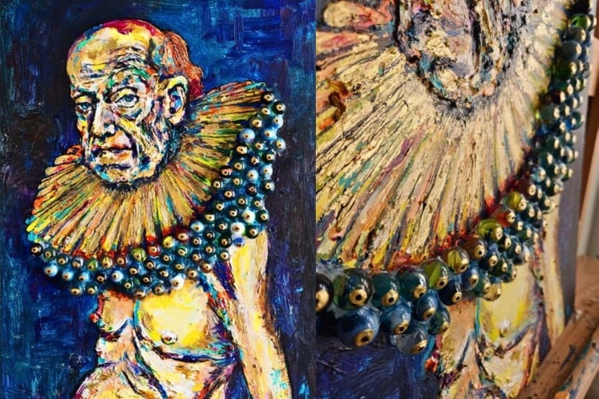 Ileana Gala: “Cabeza de mesa”, 2025. Técnica mixta: vidrio y lápiz fundido, plástico, óleos, acrílico y materiales transformados; 60 x 50 cm.