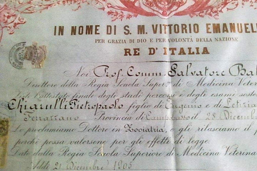 Copia del diploma que avala el doctorado en Veterinaria (Zooiatria) del ingeniero doctor Pedro Pablo Chiarulli.