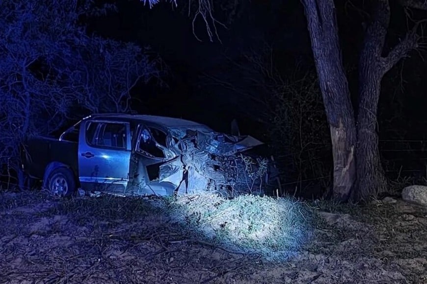 La camioneta Toyota Hilux que conducía salió de la calzada e impactó  contra un árbol  . Créditos: Comisaría de Londres