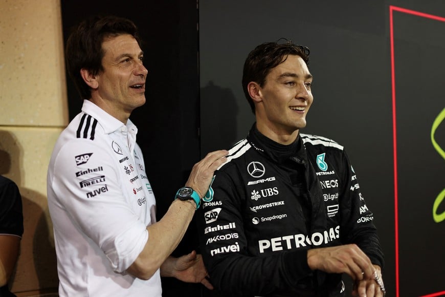 Formula One F1 - Bahrain Grand Prix - Bahrain International Circuit, Sakhir, Bahrain - April 13, 2025
Mercedes' George Russell with team principal Toto Wolff after finishing second place in the Bahrain Grand Prix REUTERS/Hamad I Mohammed