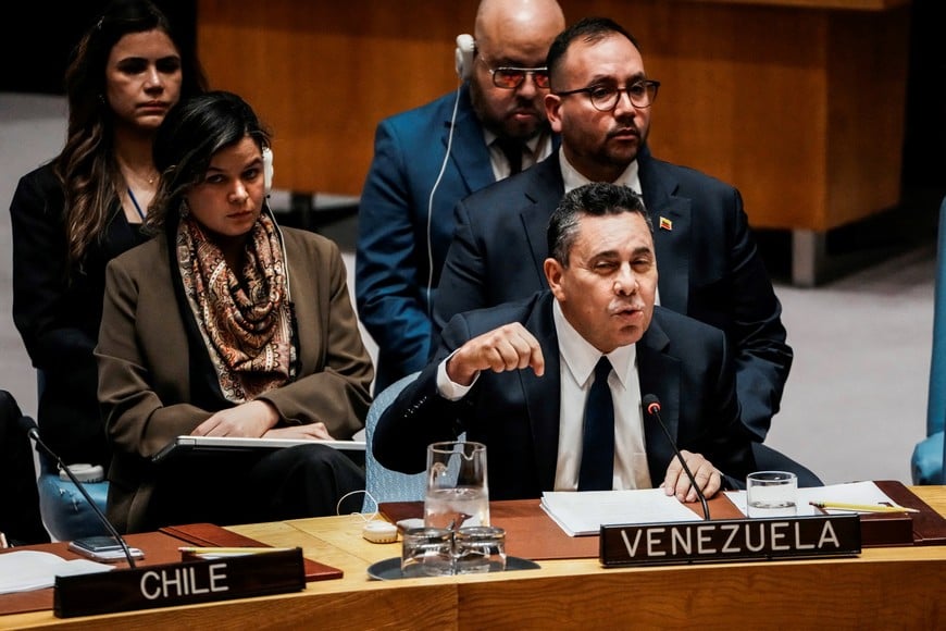 Samuel Reinaldo Moncada Acosta, Permanent Representative of Venezuela to the United Nations, addresses a Security Council meeting to discuss 'ongoing U.S. aggression' against the country, at U.N. headquarters in New York City, U.S., December 23, 2025. REUTERS/Eduardo Munoz