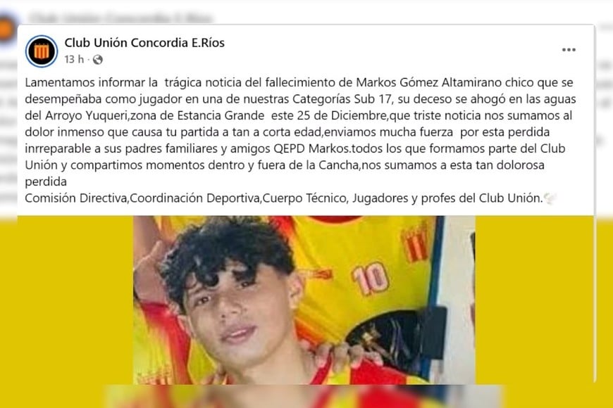 El Club Unión Concordia lo despidió con un emotivo mensaje en redes.