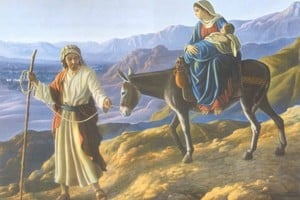 Representación de la huida de José junto a María y el niño Jesús a Egipto, para escapar de la matanza ordenada por el rey Herodes.