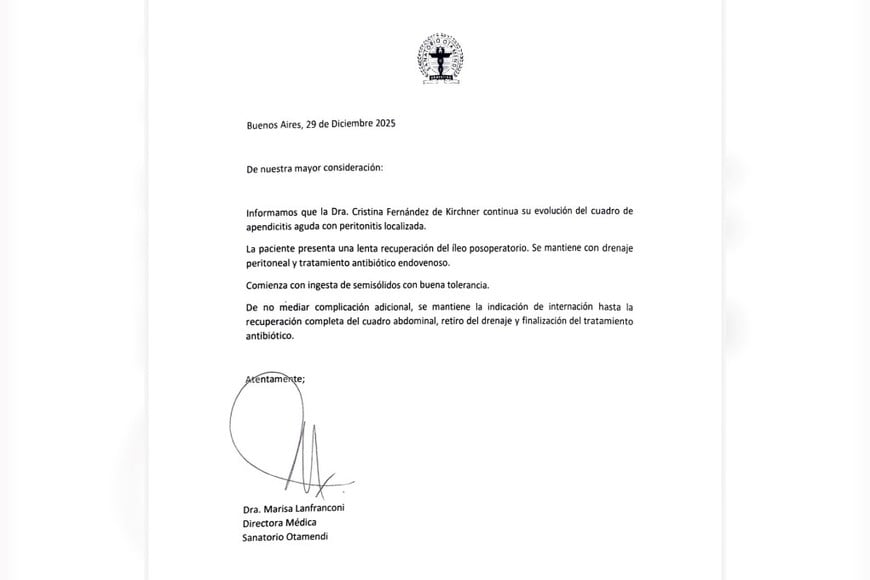 El parte médico de Cristina Kirchner, 29-12-25