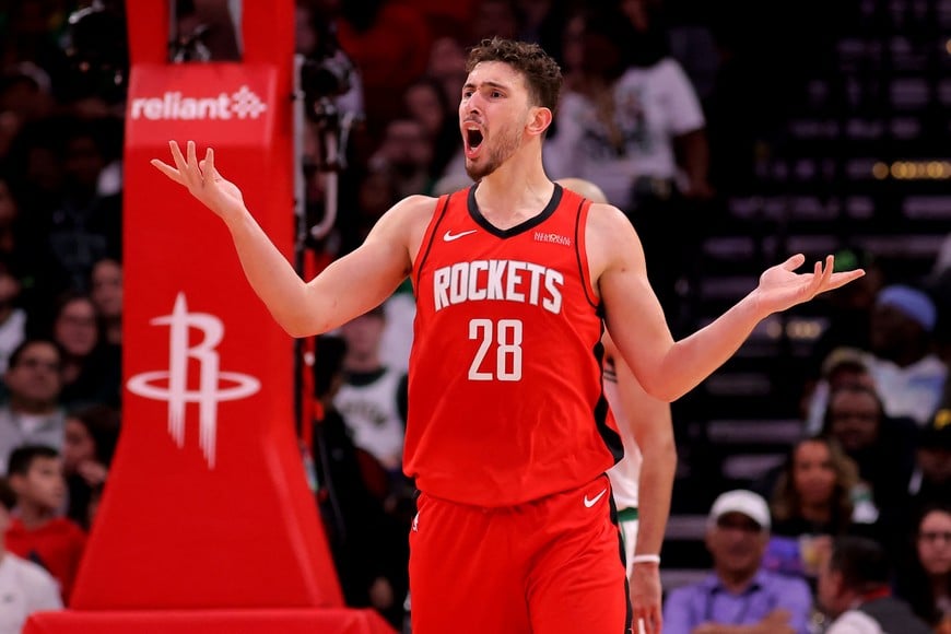 Jan 3, 2025; Houston, Texas, USA; Houston Rockets center Alperen Sengun (28) reacts after a foul call against the Boston Celtics during the third quarter at Toyota Center. Mandatory Credit: Erik Williams-Imagn Images