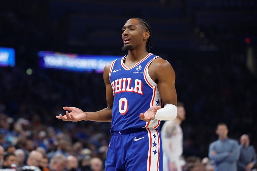 Dec 28, 2025; Oklahoma City, Oklahoma, USA; Philadelphia 76ers guard Tyrese Maxey (0) reacts after a play against the Oklahoma City Thunder during the first quarter at Paycom Center. Mandatory Credit: Alonzo Adams-Imagn Images