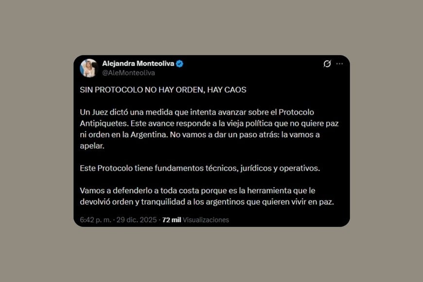 La publicación de Monteoliva en X.