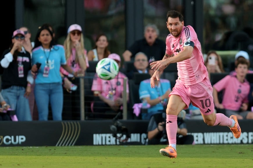 Dec 6, 2025; Fort Lauderdale, Florida, USA; Inter Miami forward Lionel Messi (10) goes after the ball against the Vancouver Whitecaps FC in the first half during the 2025 MLS Cup at Chase Stadium. Mandatory Credit: Sam Navarro-Imagn Images