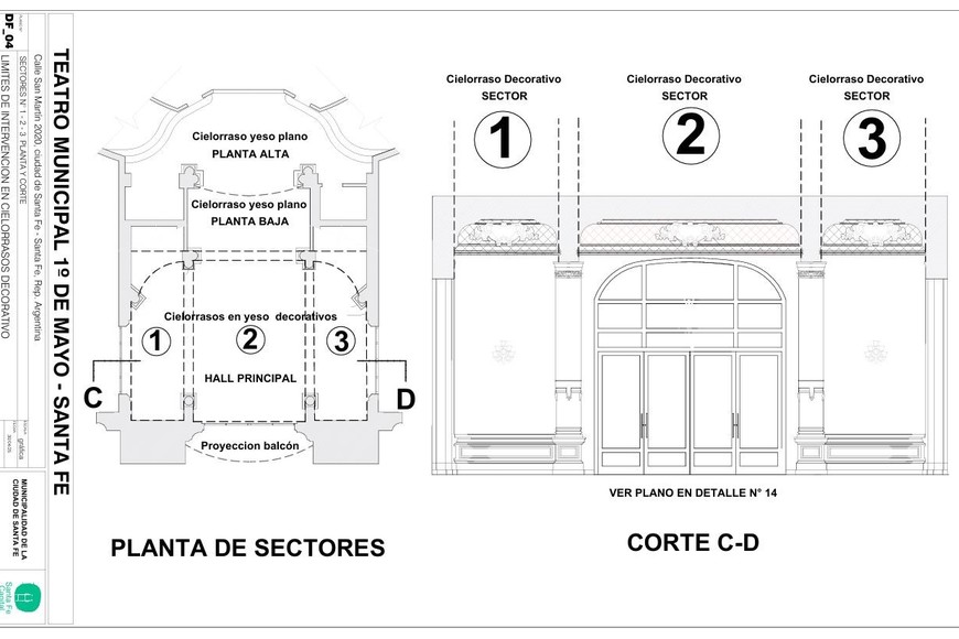 Planimetría. Los sectores del hall principal que se proyectan intervenir. Crédito: Archivo