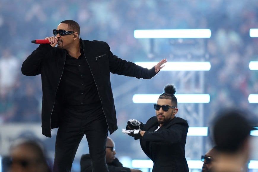Mar 23, 2025; Inglewood, California, USA; Will Smith performs before the match for the Concacaf Nations League final between Mexico and Panama at SoFi Stadium. Mandatory Credit: Jessica Alcheh-Imagn Images