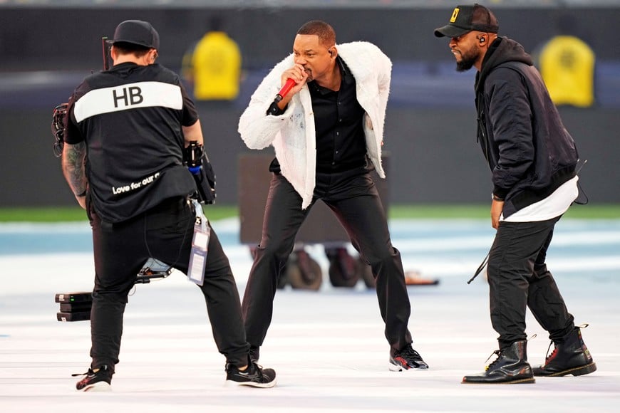 Mar 23, 2025; Inglewood, California, USA; Recording artist Will Smith performs before the Concacaf Nations League final between Mexico and Panama at SoFi Stadium. Mandatory Credit: Kyle Terada-Imagn Images