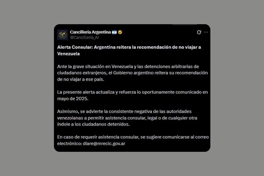 El mensaje de Cancillería Argentina el viernes.