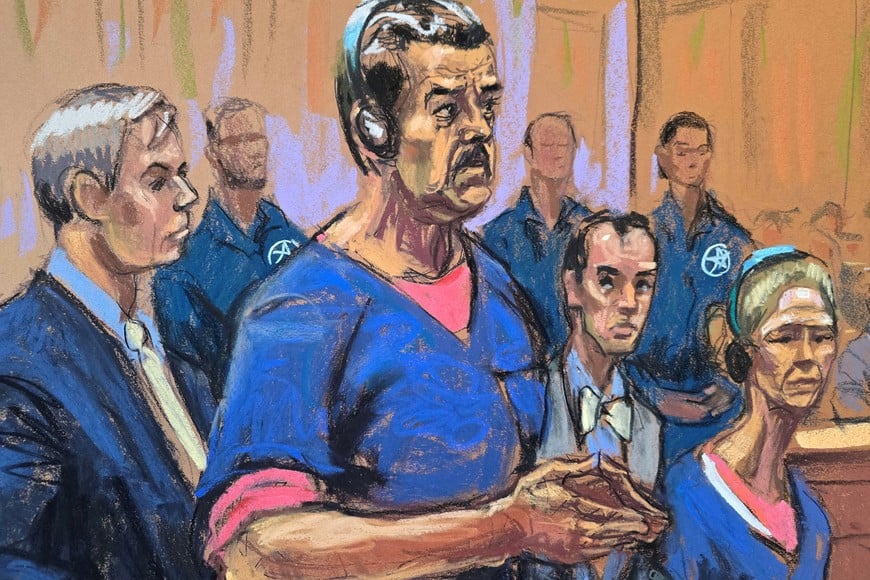 Venezuela's captured President Nicolas Maduro and his wife Cilia Flores attend their arraignment with defense lawyers Barry Pollack and Mark Donnelly to face U.S. federal charges including narco-terrorism, conspiracy, drug trafficking, money laundering and others, at the Daniel Patrick Moynihan United States Courthouse in Manhattan, New York City, U.S., January 5, 2026 in this courtroom sketch. REUTERS/Jane Rosenberg     TPX IMAGES OF THE DAY