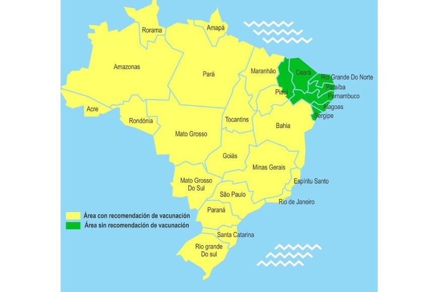 Áreas de Brasil donde se recomienda tener aplicada la vacuna contra la fiebre amarilla. Fuente: Ministerio de Salud nacional