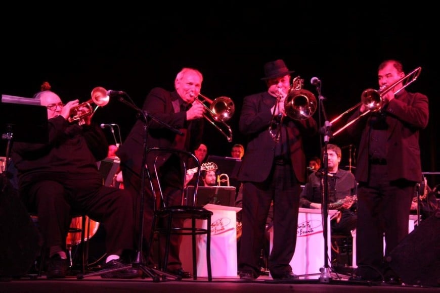 Roberto “Fats” Fernández en la edición 2010 de Trombonanza, junto a Irvin Wagner, Rubén Carughi y Remigio Pereira Pintos.