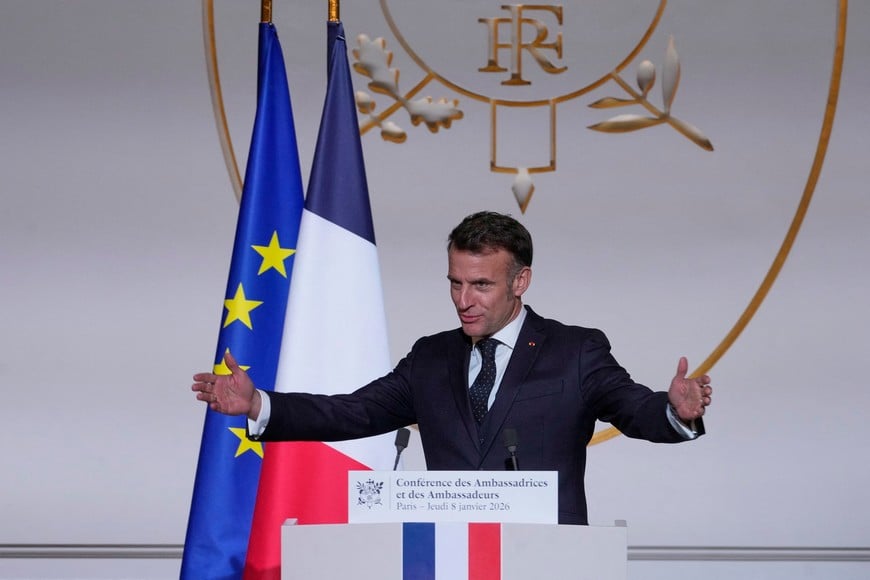 French President Emmanuel Macron delivers a speech to French ambassadors Thursday, Jan. 8, 2026 at the Elysee Palace in Paris, France. Michel Euler/Pool via REUTERS