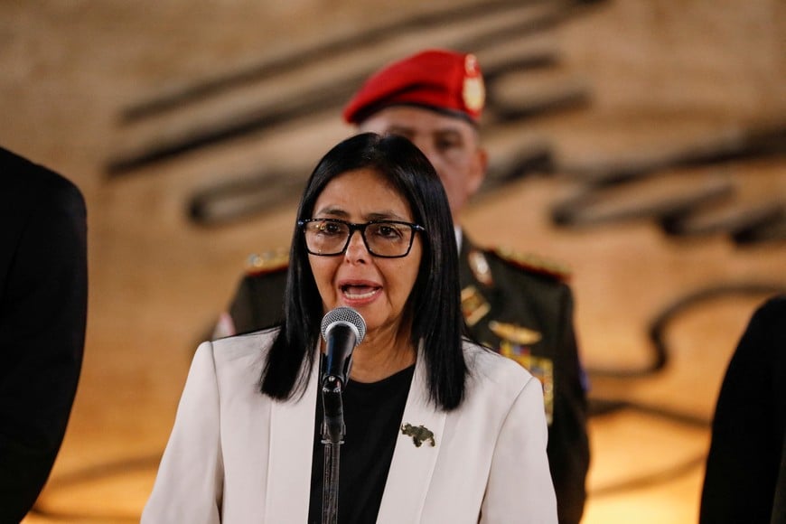 Venezuela's interim president Delcy Rodriguez delivers a speech during the ceremony "Promotions and Decorations for Heroes and Martyrs", honouring Venezuelan and Cuban military and security personnel who died during a U.S. operation to capture Venezuela's President Nicolas Maduro and his wife Cilia Flores, in Caracas, Venezuela, January 8, 2026. REUTERS/Leonardo Fernandez Viloria