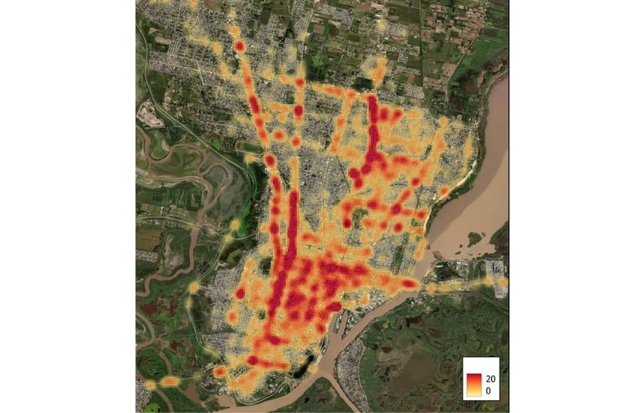 Mapa de calor con accidentes totales acumulados en la ciudad de Santa Fe entre 2015 y 2021. Fuente: Mendieta/Moore