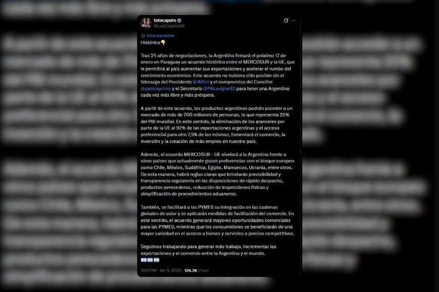 Caputo celebró el aval europeo y calificó el acuerdo Mercosur-UE como “histórico”.
