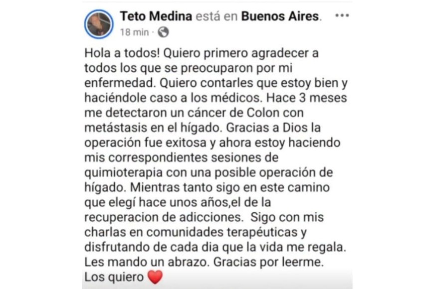 Teto Medina habló de su salud en un posteo en sus redes sociales.