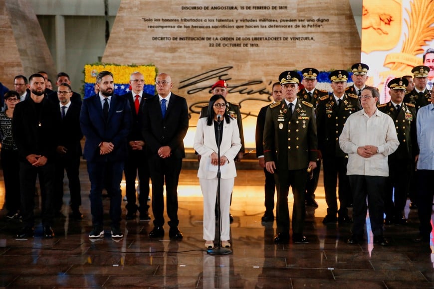 Venezuela's interim president Delcy Rodriguez delivers a speech during the ceremony "Promotions and Decorations for Heroes and Martyrs", honouring Venezuelan and Cuban military and security personnel who died during a U.S. operation to capture Venezuela's President Nicolas Maduro and his wife Cilia Flores, in Caracas, Venezuela, January 8, 2026. REUTERS/Leonardo Fernandez Viloria