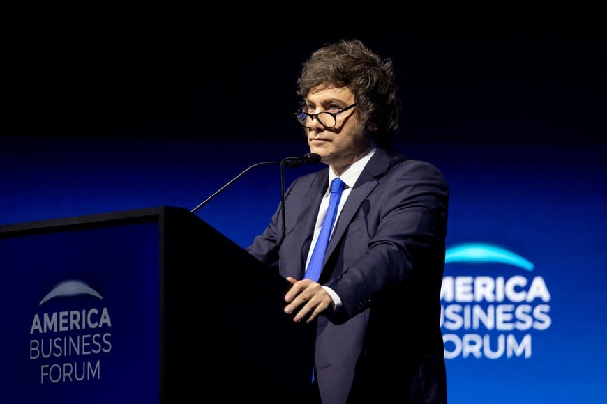 FILE PHOTO: Argentina's President Javier Milei speaks during the America Business Forum at Kaseya Center in Miami, Florida, U.S. November 6, 2025. REUTERS/Marco Bello/File Photo