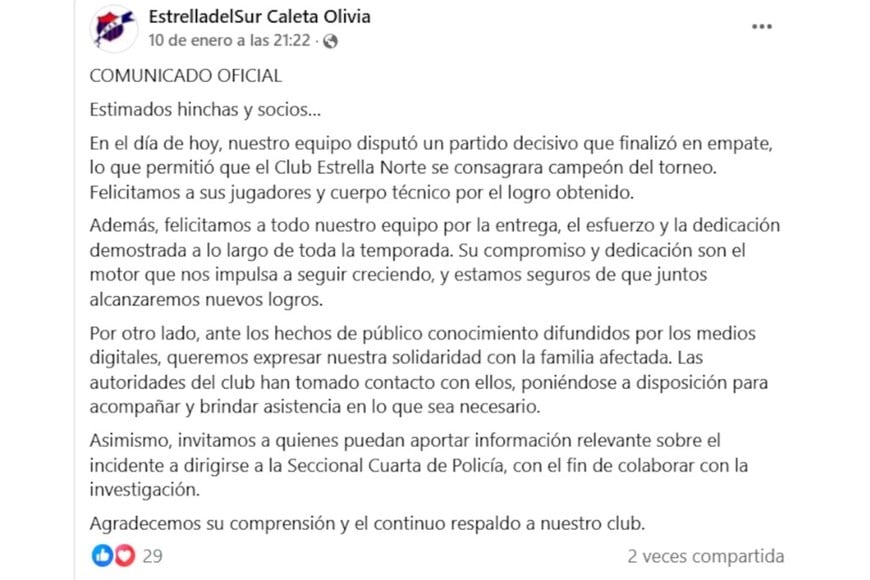 El comunicado del club.