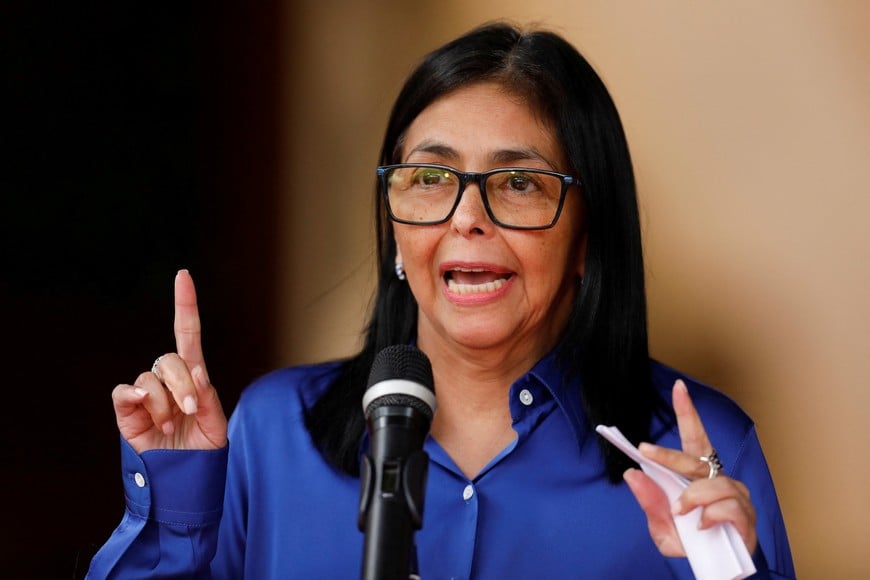 Venezuela's interim president Delcy Rodriguez holds a press conference, more than a week after the U.S. launched a strike on the country and captured President Nicolas Maduro and his wife Cilia Flores, at Miraflores Palace in Caracas, Venezuela, January 14, 2026. REUTERS/Leonardo Fernandez Viloria