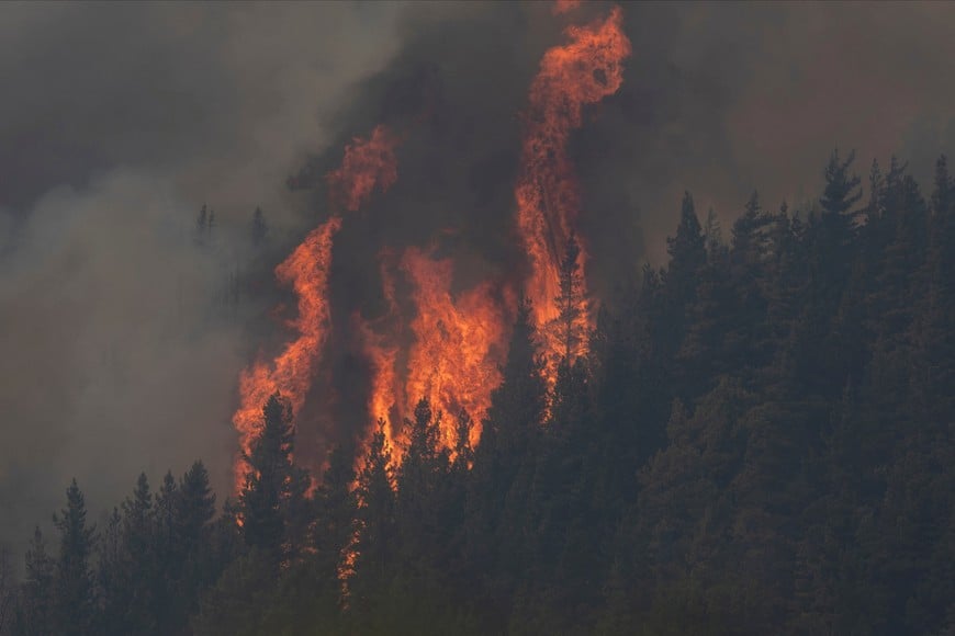 FILE PHOTO: Smoke and flames rise from a wildfire in El Hoyo, in the Patagonian province of Chubut, Argentina January 9, 2026. REUTERS/Matias Garay/File Photo