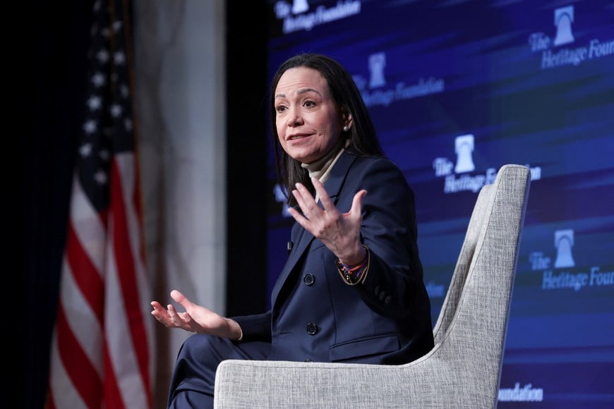 Venezuelan opposition leader Maria Corina Machado speaks during a press conference in Washington, D.C., U.S., January 16, 2026. REUTERS/Tyrone Siu