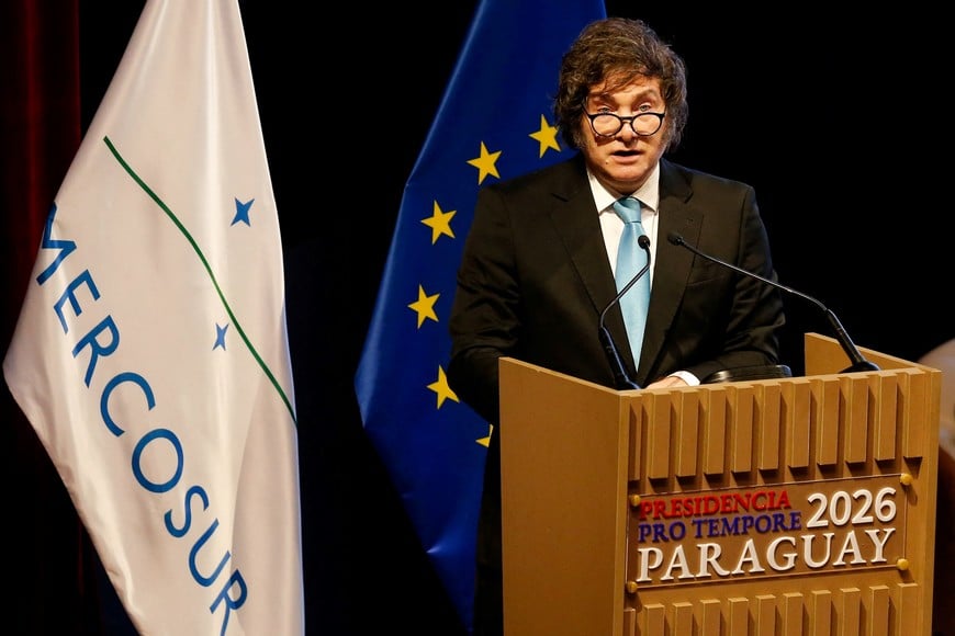 Argentina's President Javier Milei speaks, on the day authorities of the European Union and the South American bloc Mercosur sign a free trade agreement, ending more than 25 years of negotiations, in Asuncion, Paraguay, January 17, 2026. REUTERS/Cesar Olmedo