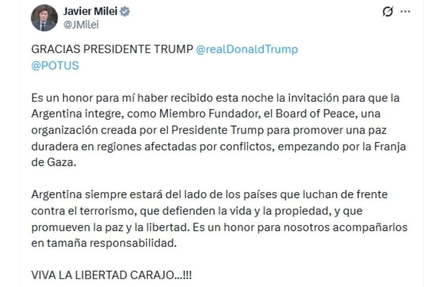 El presidente  difundió en X la carta de Donald Trump y confirmó la invitación para integrar el Board of Peace.