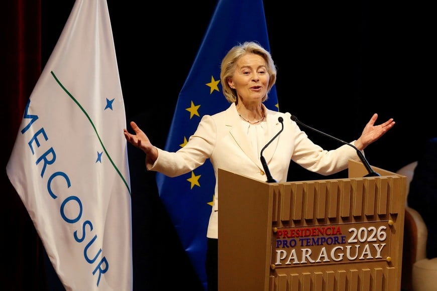 European Commission President Ursula von der Leyen speaks, on the day authorities of the European Union and the South American bloc Mercosur sign a free trade agreement, ending more than 25 years of negotiations, in Asuncion, Paraguay, January 17, 2026. REUTERS/Cesar Olmedo