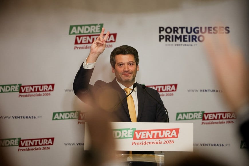 Portuguese presidential candidate and Chega party leader Andre Ventura delivers a speech after exit polls and early results showed he and Socialist Party candidate Antonio Jose Seguro will head to a runoff next month, in Lisbon, Portugal, January 18, 2026. REUTERS/Pedro Nunes