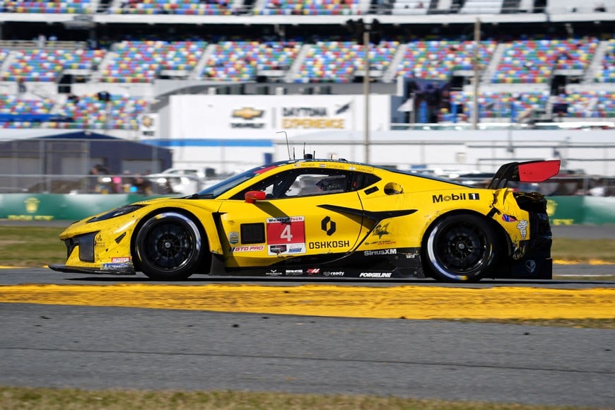 Jan 26, 2025; Daytona Beach, FL, USA; Corvette Racing by Pratt Miller Motorsport Corvette Z06 GT3.R of Tommy Milner,, Nicky Catsburg, and Nico Varrone (4) during the Rolex 24 at Daytona International Speedway. Mandatory Credit: Jasen Vinlove-Imagn Images