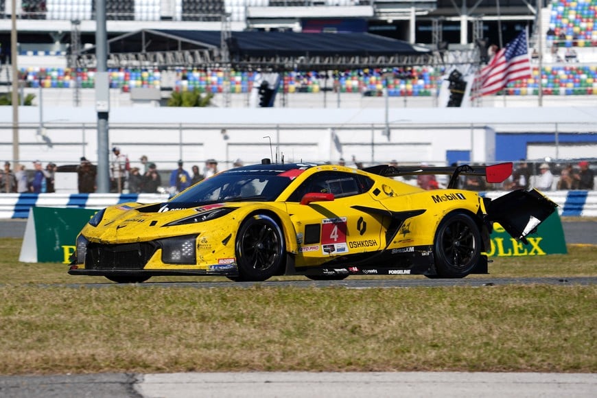 Jan 26, 2025; Daytona Beach, FL, USA; Corvette Racing by Pratt Miller Motorsport Corvette Z06 GT3.R of Tommy Milner,, Nicky Catsburg, and Nico Varrone (4) during the Rolex 24 at Daytona International Speedway. Mandatory Credit: Jasen Vinlove-Imagn Images