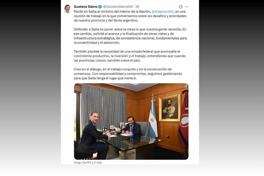 Santilli y Sáenz durante la reunión en la Gobernación de Salta, donde abordaron la reforma laboral y una agenda federal de obras y desarrollo.