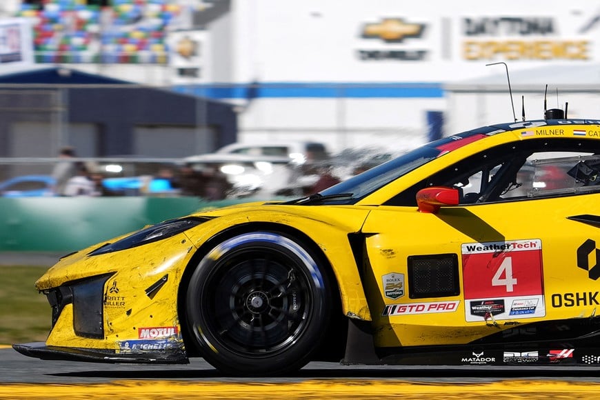 Jan 26, 2025; Daytona Beach, FL, USA; A detailed view of the heat vapors coming  off if the Corvette Racing by Pratt Miller Motorsport Corvette Z06 GT3.R of Tommy Milner,, Nicky Catsburg, and Nico Varrone (4) during the Rolex 24 at Daytona International Speedway. Mandatory Credit: Jasen Vinlove-Imagn Images