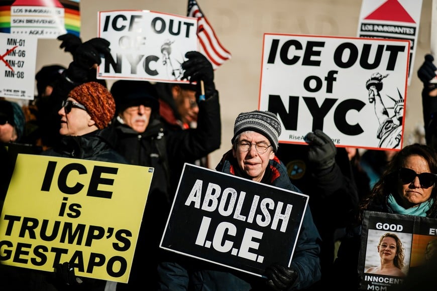 People take part in a protest march for Renee Nicole Good and against U.S. President Donald Trump and ICE, in New York City, U.S., January 19, 2026.  REUTERS/Eduardo Munoz