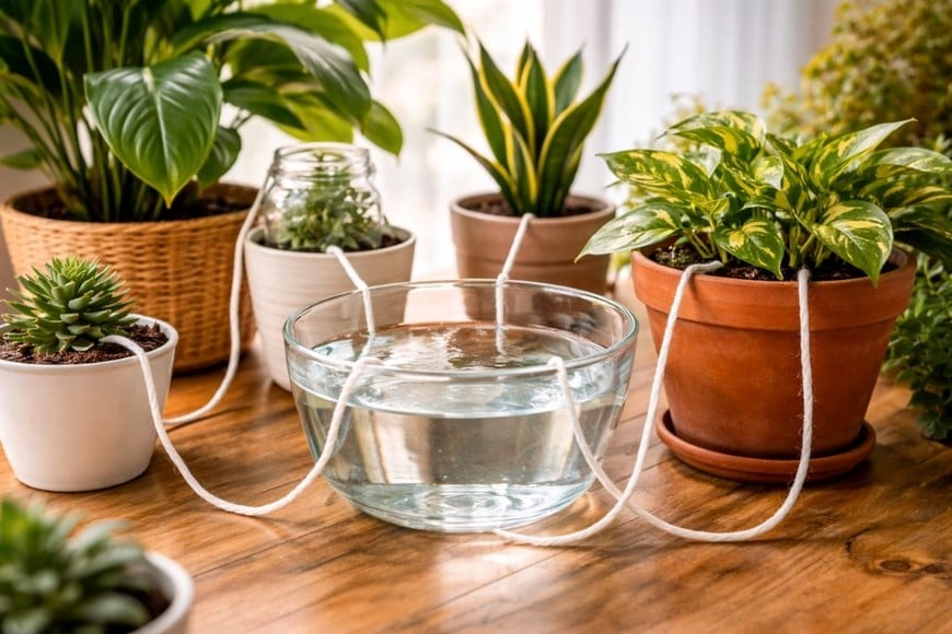 Agrupar las plantas ayuda a conservar la humedad mientras la casa está vacía.