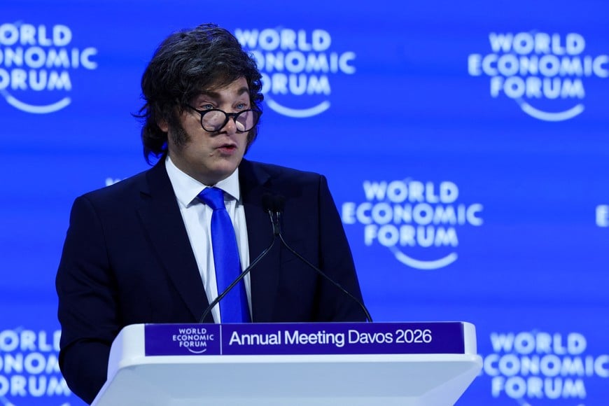 Argentina's President Javier Milei speaks during the 56th annual World Economic Forum (WEF) meeting in Davos, Switzerland, January 21, 2026. REUTERS/Denis Balibouse
