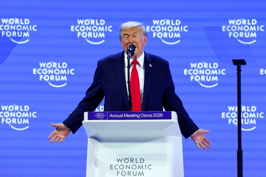 U.S. President Donald Trump speaks during the 56th annual World Economic Forum (WEF) meeting in Davos, Switzerland, January 21, 2026. REUTERS/Denis Balibouse