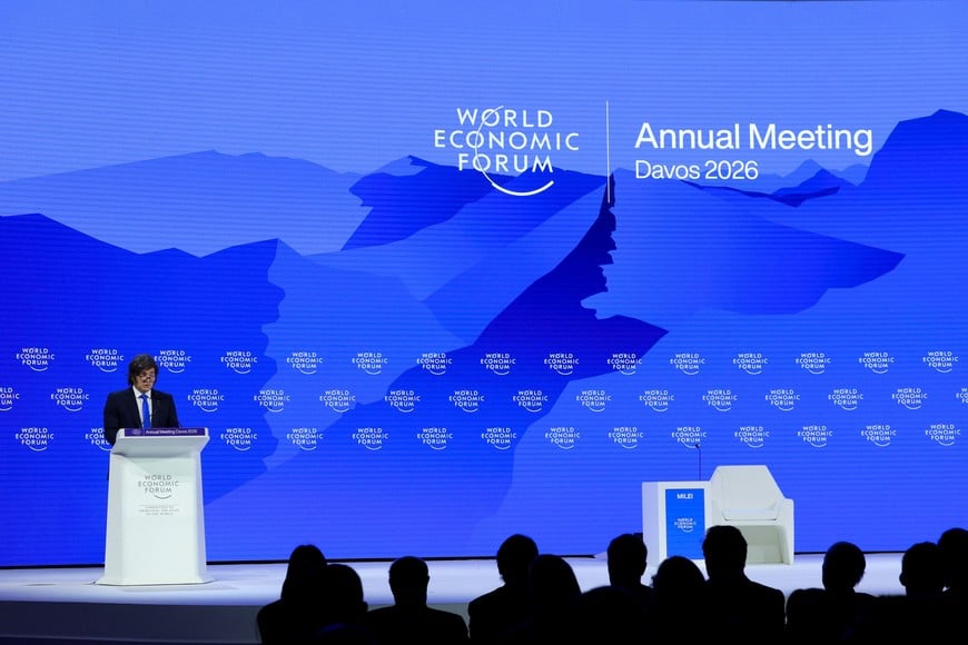 Argentina's President Javier Milei speaks during the 56th annual World Economic Forum (WEF) meeting in Davos, Switzerland, January 21, 2026. REUTERS/Denis Balibouse